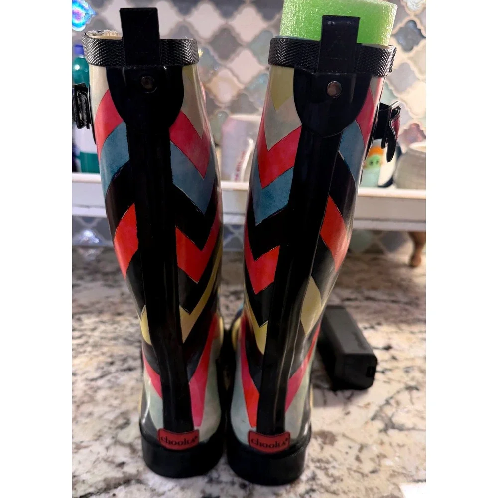 Chooka Rain Boots Womens 7 Multicolor Organic Modern Chevron Rubber Waterproof